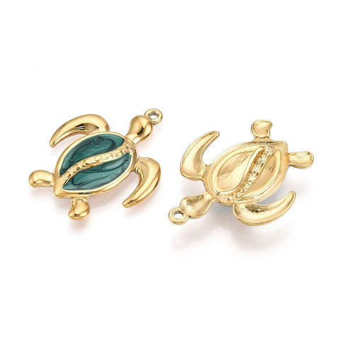 BeadsBalzar Craft Store ION GOLD PLATED / GREEN 304 Stainless Steel Turtle Pendants with Enamel – 30x24mm Charms