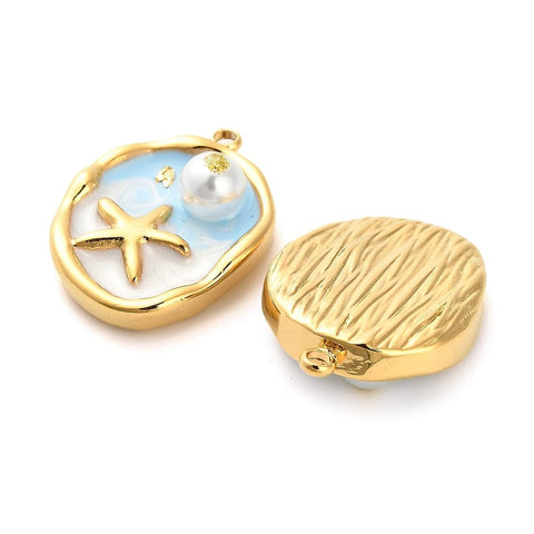 BeadsBalzar Craft Store LIGHT BLUE 304 Stainless Steel Enamel Pendants, with Glitter Powder and ABS Imitation Pearl 23.5mm