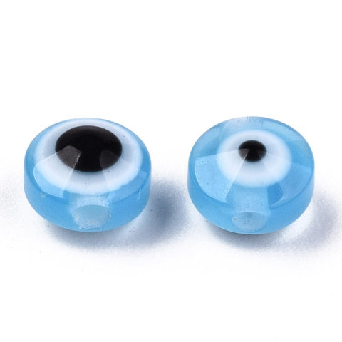 BeadsBalzar Craft Store LIGHT BLUE Resin Beads, Flat Round, Evil Eye, 6mm