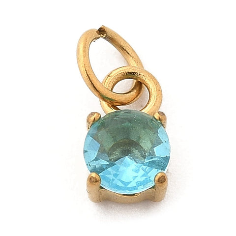 BeadsBalzar Craft Store LIGHT SKY BLUE 304 Stainless Steel Micro Pave Cubic Zirconia Pendants, Round, Real 18K Gold Plated