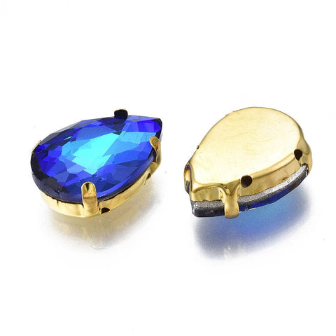 BeadsBalzar Craft Store MEDIUM BLUE Sew on Glass Rhinestone, with Golden Plated 201 Stainless Steel Prong Settings 18x13mm