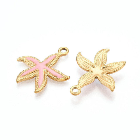 BeadsBalzar Craft Store PINK ENAMEL 304 Stainless Steel Pendant, with Enamel, Starfish Charms, Real 18K Gold Plated, Ion Plating