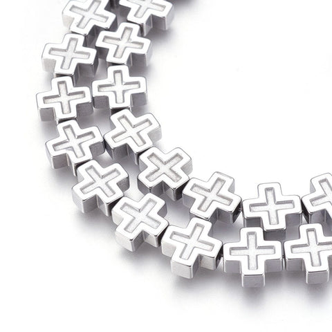 BeadsBalzar Craft Store PLATINUM PLATED Electroplated Non-magnetic Synthetic Cross Hematite Slider Connector link Beads 10x10mm