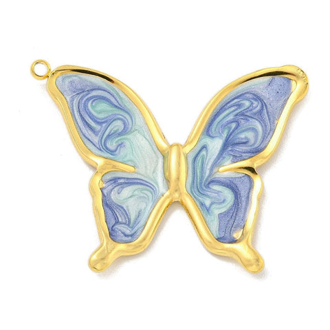 BeadsBalzar Craft Store SLATE BLUE Ion Plated 304 Stainless Steel Pendants, with Enamel, Real 18K Gold Plated, Butterfly Charm