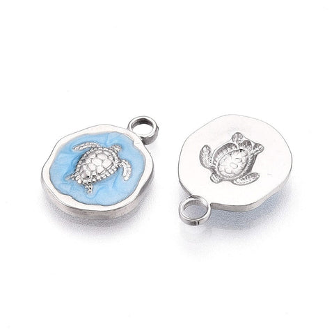 BeadsBalzar Craft Store STAINLESS STEEL COLOR 304 Stainless Steel Pendants, with Enamel, Flat Round with Turtle Charms, Light Sky Blue