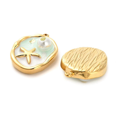 BeadsBalzar Craft Store TURQUOISE 304 Stainless Steel Enamel Pendants, with Glitter Powder and ABS Imitation Pearl 23.5mm