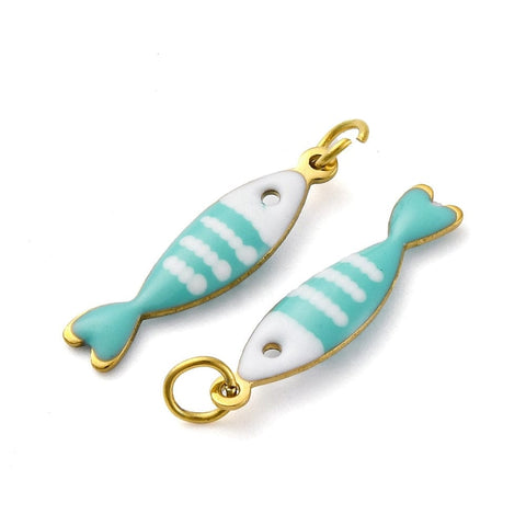 BeadsBalzar Craft Store TURQUOISE 304 Stainless Steel Enamel Pendants, with Jump Ring, Ion Plated , Fish
