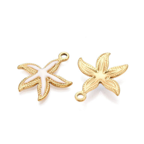 BeadsBalzar Craft Store WHITE ENAMEL 304 Stainless Steel Pendant, with Enamel, Starfish Charms, Real 18K Gold Plated, Ion Plating