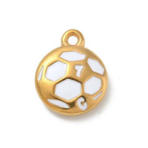 BeadsBalzar Craft Store WHITE Ion Plated 304 Stainless Steel Pendants, with Enamel, Real 18K Gold Plated, Football Charm