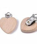 Beech Wood Baby Pacifier Holder Clips, with Iron Clips, Heart, Platinum, BurlyWood 48x38mm Beech Wood Baby Pacifier Holder Clips, with Iron Clips, Heart, Platinum, BurlyWood 48x38mm