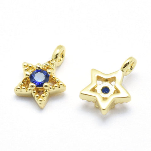 Brass Charms, with Cubic Zirconia, Star, Blue, Real 18K Gold Plated, 11x7.5x4mm Brass Charms, with Cubic Zirconia, Star, Blue, Real 18K Gold Plated, 11x7.5x4mm