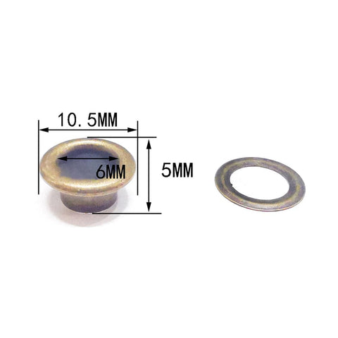Eyelet: about 10.5mm in diameter 5mm thick hole: 6mm Brass Grommet Eyelet Findings, with Iron Gasket, for Bag Making, Flat Round, Antique Bronze Brass Grommet Eyelet Findings, with Iron Gasket, for Bag Making, Flat Round, Antique Bronze