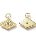 Brass Micro Pave Cubic Zirconia Pendants, with Jump Rings, Diamond with Evil Eye, Real 18K Gold Plated, Dark Green, 13x15x2mm, Hole: 3.6mm Brass Micro Pave Cubic Zirconia Pendants, with Jump Rings, Diamond with Evil Eye, Real 18K Gold Plated, Dark Green, 13x15x2mm, Hole: 3.6mm