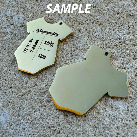 ION GOLD PLATED Custom Laser Engraved Baby Clothes Charm, 26x9.5mm Custom Laser Engraved Baby Clothes Charm, 26x9.5mm