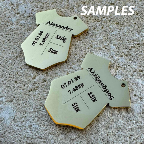 Custom Laser Engraved Baby Clothes Charm, 26x9.5mm Custom Laser Engraved Baby Clothes Charm, 26x9.5mm
