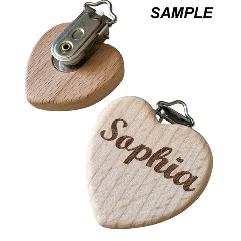 Custom Personalised Beech Wood Baby Pacifier Holder Clips, Heart, Platinum 48x38mm Custom Personalised Beech Wood Baby Pacifier Holder Clips, Heart, Platinum 48x38mm
