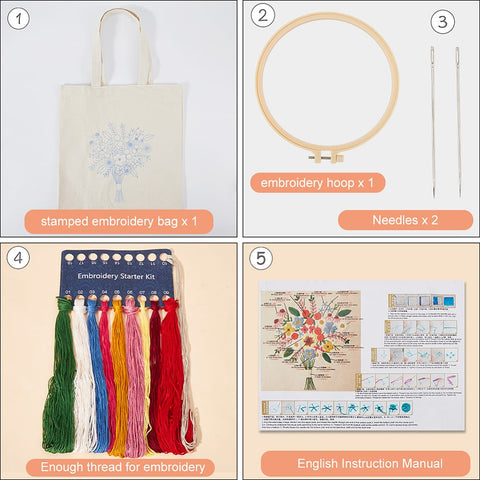 DIY Tote Bag Embroidery Kit with Hoop, Needles, Thread & Cotton Fabric DIY Tote Bag Embroidery Kit with Hoop, Needles, Thread & Cotton Fabric