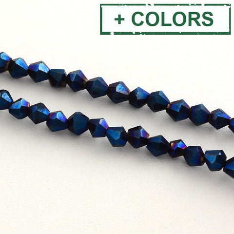 BLUE PLATED Electroplate Glass Bead Strands, Rainbow Plated, Faceted Bicone, 3X3.5mm Electroplate Glass Bead Strands, Rainbow Plated, Faceted Bicone, MarineBlue Size: about 3mm long, 3.5mm in diameter, Hole: 1mm; about 150pcs/strand, 18".