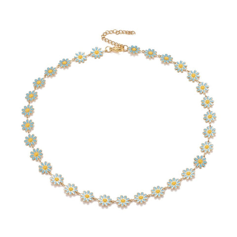 DEEP SKY BLUE Enamel Daisy Link Chain Necklace, PVD Vacuum Plating 304 Stainless Steel Jewelry for Women, Golden Enamel Daisy Link Chain Necklace, PVD Vacuum Plating 304 Stainless Steel Jewelry for Women, Golden