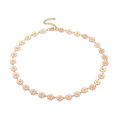 PINK Enamel Daisy Link Chain Necklace, PVD Vacuum Plating 304 Stainless Steel Jewelry for Women, Golden Enamel Daisy Link Chain Necklace, PVD Vacuum Plating 304 Stainless Steel Jewelry for Women, Golden