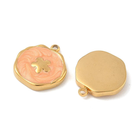 FLOWER WITH CORAL COLOR 304 Stainless Steel Enamel Charms, Flat Round Charm Pendant Ion Plated 304 Stainless Steel Enamel Charms, Flat Round Charm Pendant Ion Plated