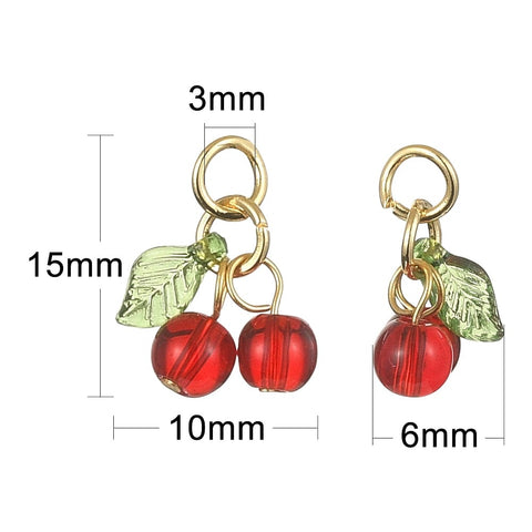 Glass & Acrylic Cherry Charms with 304 Stainless Steel Findings, 10x15mm Glass & Acrylic Cherry Charms with 304 Stainless Steel Findings, 10x15mm