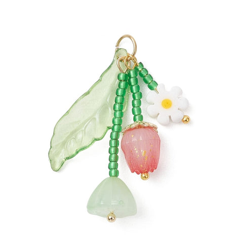 Glass & Opaque Acrylic Beaded Flower Pendant, Red Charms Glass & Opaque Acrylic Beaded Flower Pendant, Red Charms