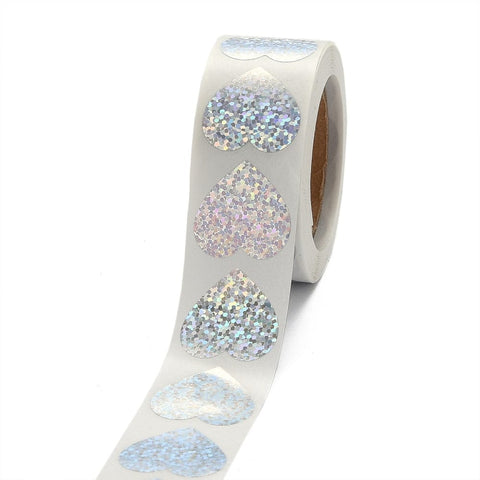 Heart Shaped Laser Stickers Roll, Valentine's Day Sticker Adhesive Label, Silver, 25x25mm Heart Shaped Laser Stickers Roll, Valentine's Day Sticker Adhesive Label, Silver, 25x25mm