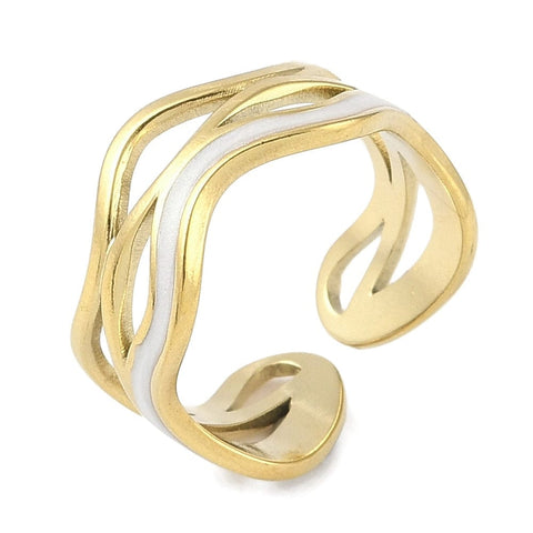 WHITE ENAMEL Ion Gold Plated 304 Stainless Steel Enamel Wave Cuff Finger Ring Ion Gold Plated 304 Stainless Steel Enamel Wave Cuff Finger Ring