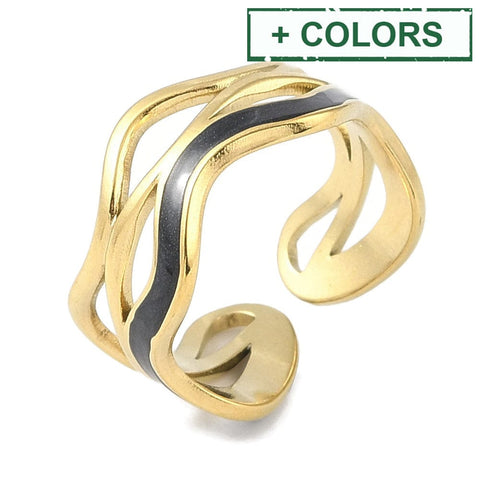 Ion Gold Plated 304 Stainless Steel Enamel Wave Cuff Finger Ring Ion Gold Plated 304 Stainless Steel Enamel Wave Cuff Finger Ring