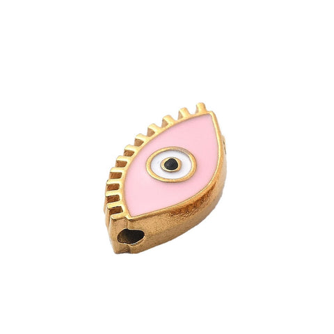 PINK Ion Plated 304 Stainless Steel Beads, with Enamel, Real 18K Gold Plated, Eye Ion Plated 304 Stainless Steel Beads, with Enamel, Real 18K Gold Plated, Eye