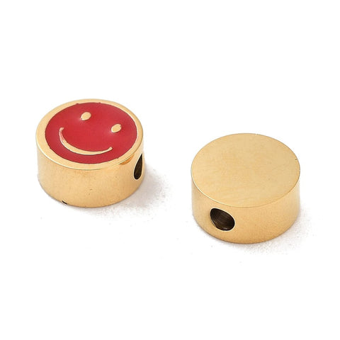RED Ion Plated 304 Stainless Steel Enamel Beads, Flat Round with Smiling Face, 5x2.5mm Ion Plated 304 Stainless Steel Enamel Beads, Flat Round with Smiling Face, 5x2.5mm