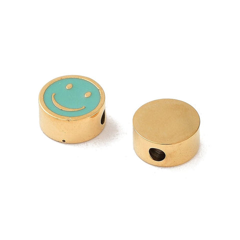 TURQUOISE Ion Plated 304 Stainless Steel Enamel Beads, Flat Round with Smiling Face, 5x2.5mm Ion Plated 304 Stainless Steel Enamel Beads, Flat Round with Smiling Face, 5x2.5mm