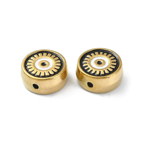 BLACK Ion Plated 304 Stainless Steel Enamel Beads, Real 18K Gold Plated, Flat Round with Evil Eye, 12x5.5mm Ion Plated 304 Stainless Steel Enamel Beads, Real 18K Gold Plated, Flat Round with Evil Eye, 12x5.5mm