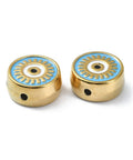 LIGHT SKY BLUE Ion Plated 304 Stainless Steel Enamel Beads, Real 18K Gold Plated, Flat Round with Evil Eye, 12x5.5mm Ion Plated 304 Stainless Steel Enamel Beads, Real 18K Gold Plated, Flat Round with Evil Eye, 12x5.5mm