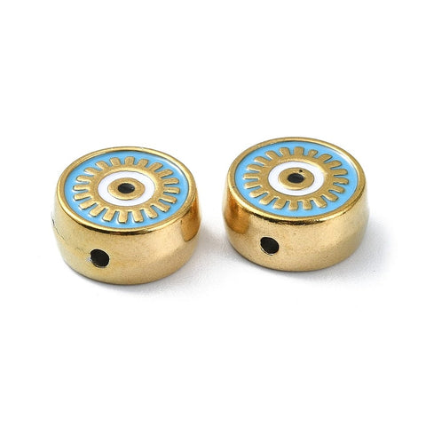 LIGHT SKY BLUE Ion Plated 304 Stainless Steel Enamel Beads, Real 18K Gold Plated, Flat Round with Evil Eye, 12x5.5mm Ion Plated 304 Stainless Steel Enamel Beads, Real 18K Gold Plated, Flat Round with Evil Eye, 12x5.5mm