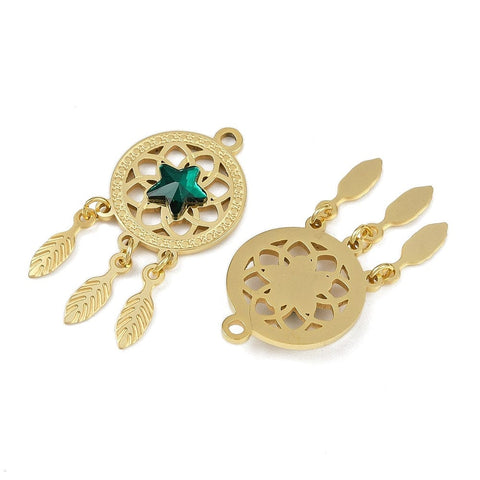 Ion plated 304 Stainless Steel Pendants, with Resin Rhinestone, Woven Net/Web with Feather Charms Ion plated 304 Stainless Steel Pendants, with Resin Rhinestone, Woven Net/Web with Feather Charms