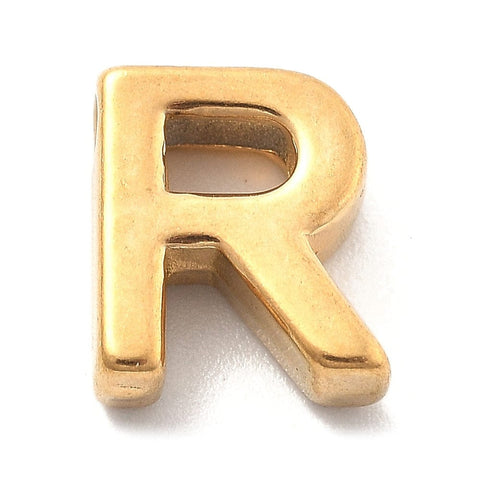R Ion Plated 304 Stainless Steel Slider Charms, Letters, Real 18K Gold Plated Ion Plated 304 Stainless Steel Slider Charms, Letters, Real 18K Gold Plated
