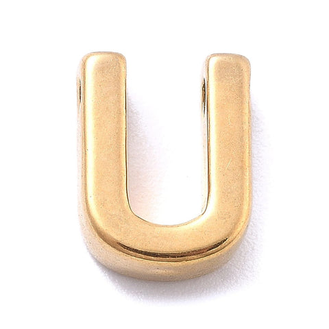 U Ion Plated 304 Stainless Steel Slider Charms, Letters, Real 18K Gold Plated Ion Plated 304 Stainless Steel Slider Charms, Letters, Real 18K Gold Plated
