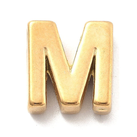 M Ion Plated 304 Stainless Steel Slider Charms, Letters, Real 18K Gold Plated Ion Plated 304 Stainless Steel Slider Charms, Letters, Real 18K Gold Plated