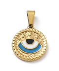 STEEL BLUE Ion Plating 304 Stainless Steel Pendants, with Enamel, Golden, Flat Round with Evil Eye Charm, 18.x16.5mm Ion Plating 304 Stainless Steel Pendants, with Enamel, Golden, Flat Round with Evil Eye Charm, 18.x16.5mm