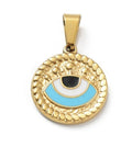 LIGHT BLUE Ion Plating 304 Stainless Steel Pendants, with Enamel, Golden, Flat Round with Evil Eye Charm, 18.x16.5mm Ion Plating 304 Stainless Steel Pendants, with Enamel, Golden, Flat Round with Evil Eye Charm, 18.x16.5mm