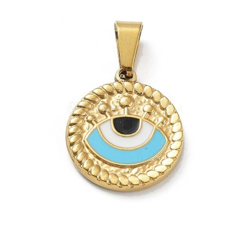 LIGHT BLUE Ion Plating 304 Stainless Steel Pendants, with Enamel, Golden, Flat Round with Evil Eye Charm, 18.x16.5mm Ion Plating 304 Stainless Steel Pendants, with Enamel, Golden, Flat Round with Evil Eye Charm, 18.x16.5mm