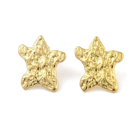 Ion Plating 304 Stainless Steel Stud Earrings, Hammered Flower or Star 18kt Gold Plated Ion Plating 304 Stainless Steel Stud Earrings, Hammered Flower 18kt Gold Plated