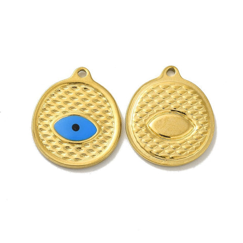 ION GOLD PLATED Ion Plating (IP) 304 Stainless Steel Enamel Pendants, Flat Round with Evil Eye Charm,20x15x2mm Ion Plating (IP) 304 Stainless Steel Enamel Pendants, Flat Round with Evil Eye Charm,20x15x2mm
