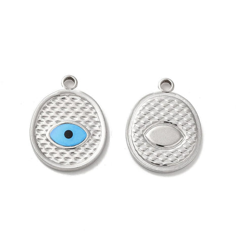STAINLESS STEEL COLOR Ion Plating (IP) 304 Stainless Steel Enamel Pendants, Flat Round with Evil Eye Charm,20x15x2mm Ion Plating (IP) 304 Stainless Steel Enamel Pendants, Flat Round with Evil Eye Charm,20x15x2mm