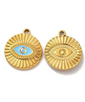 ION GOLD PLATED Ion Plating(IP) 304 Stainless Steel Enamel Pendants, Flat Round with Evil Eye Charm,21x18.5mm Ion Plating(IP) 304 Stainless Steel Enamel Pendants, Flat Round with Evil Eye Charm,21x18.5mm