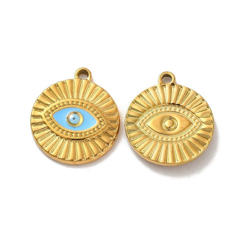 ION GOLD PLATED Ion Plating(IP) 304 Stainless Steel Enamel Pendants, Flat Round with Evil Eye Charm,21x18.5mm Ion Plating(IP) 304 Stainless Steel Enamel Pendants, Flat Round with Evil Eye Charm,21x18.5mm