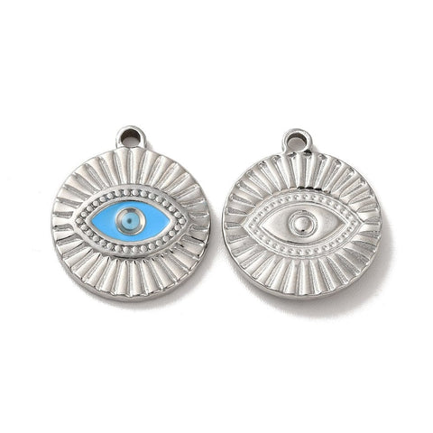 STAINESS STEEL COLOR Ion Plating(IP) 304 Stainless Steel Enamel Pendants, Flat Round with Evil Eye Charm,21x18.5mm Ion Plating(IP) 304 Stainless Steel Enamel Pendants, Flat Round with Evil Eye Charm,21x18.5mm