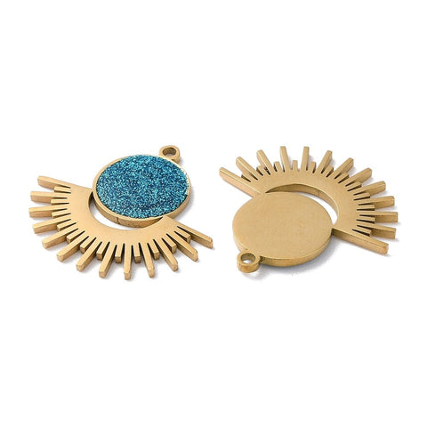 ION GOLD PLATED / BLUE Ion Plating (IP) 304 Stainless Steel Sun Charm Pendants, with Enamel and Glitter Powder, Golden, 25mm Ion Plating (IP) 304 Stainless Steel Sun Charm Pendants, with Enamel and Glitter Powder, Golden, 25mm